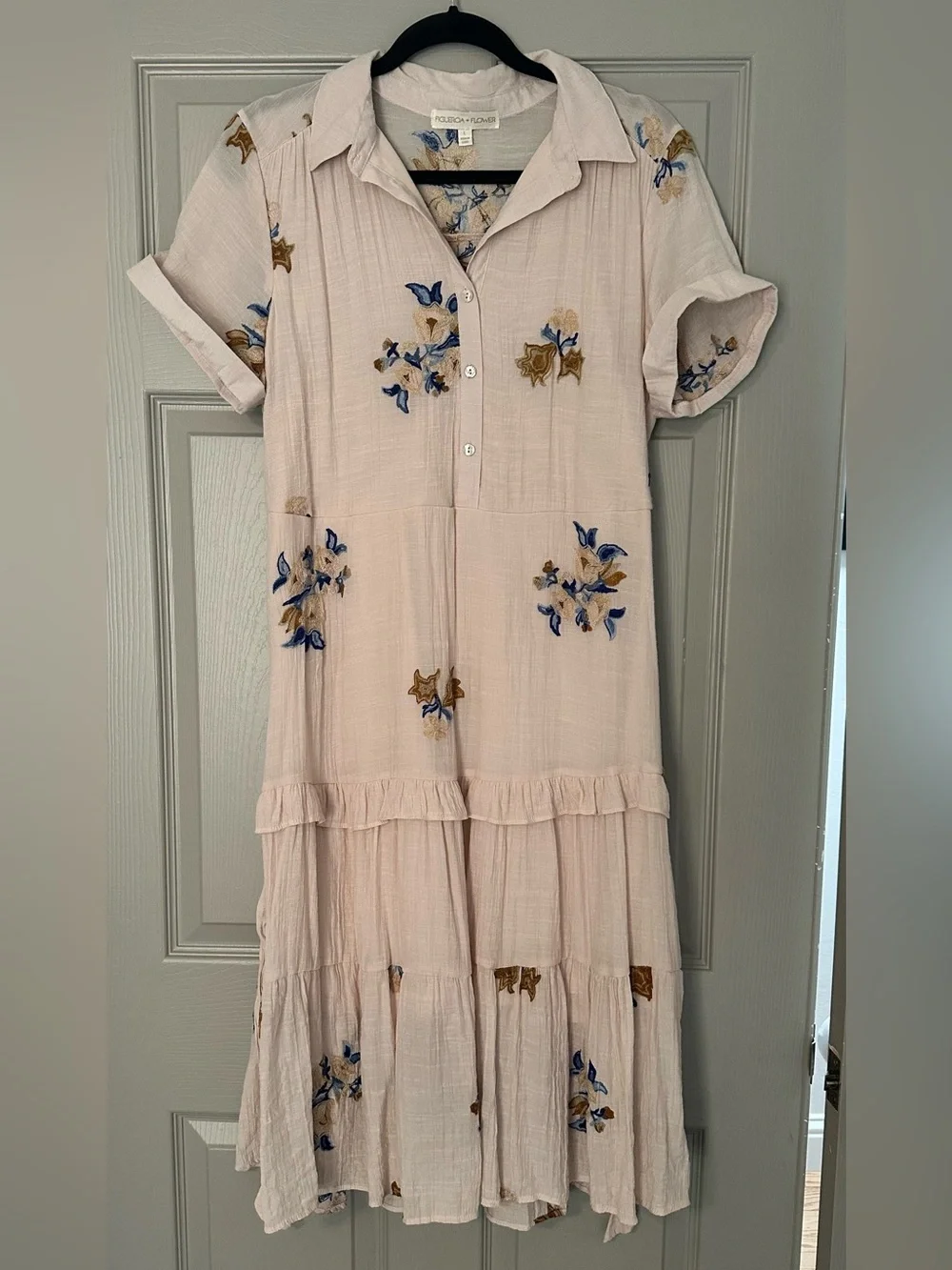 Figueroa & Flower Tiered Midi Dress With Embroidered Floral Accents